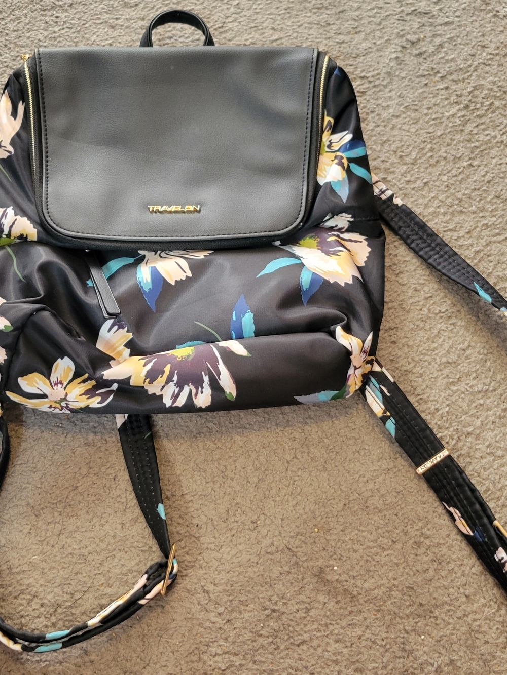 Travelon Black Floral Backpack with Teal and Cream Accents